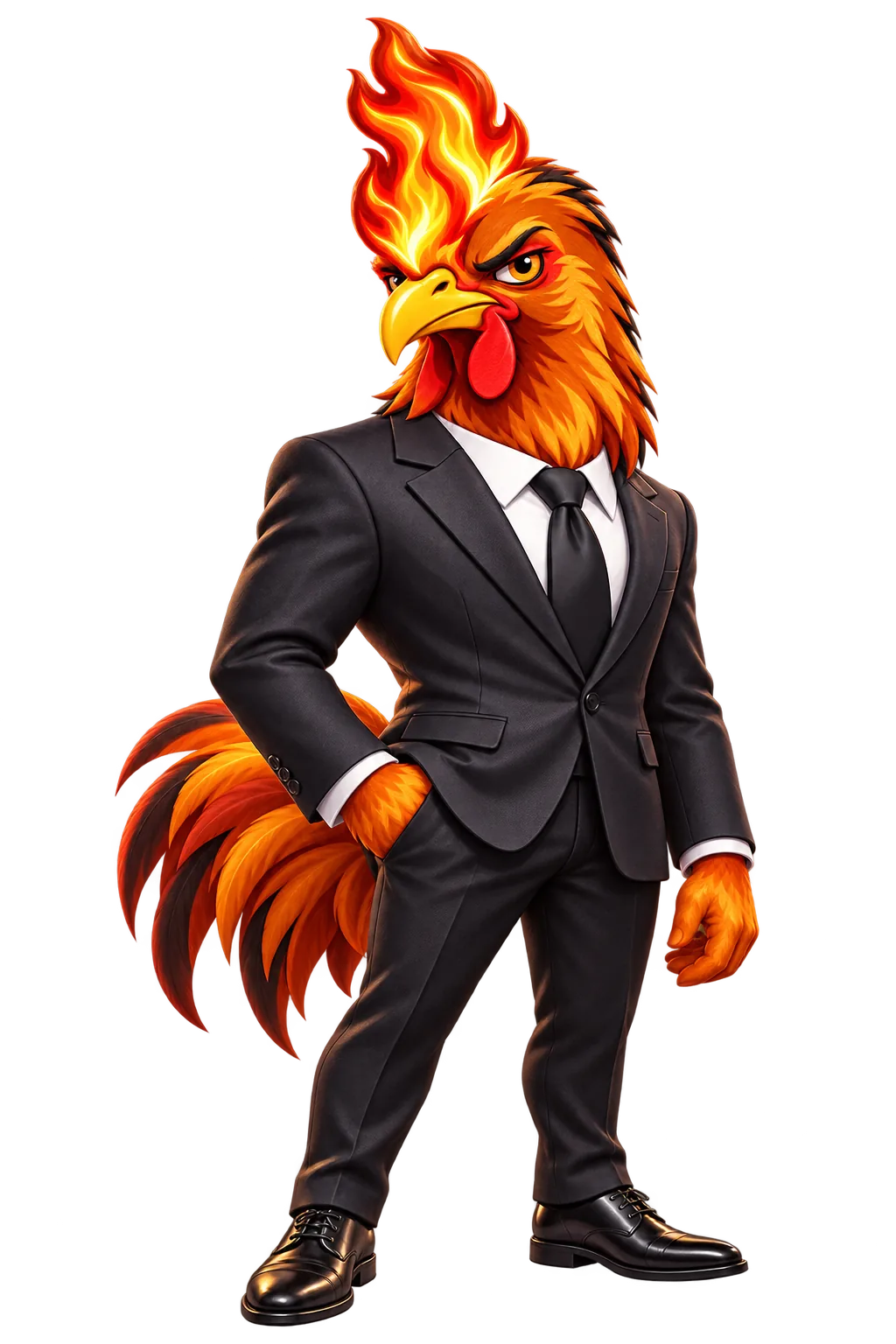 THE COOP’s CEO chicken, full length, in a charcoal suit. Fictional illustration.