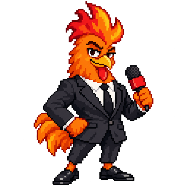 Pixel-art CEO chicken in a suit holding a microphone. Fictional illustration.